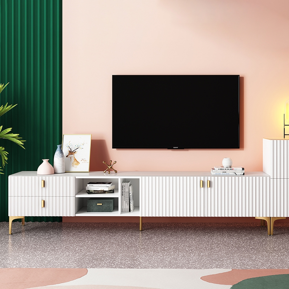 Weißes Holz TV-Ständer in Gold für Fernseher bis zu 85" mit 3 Regalen, 2 Schubladen, 2 Türen
