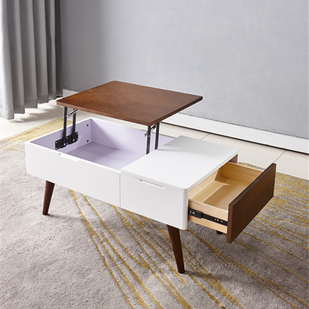 White Walnut Mid Century Lift-Top Storage Coffee Table with Drawer Accent Table