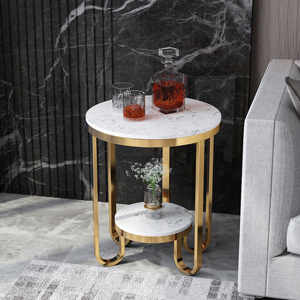 White Faux Marble Round End Table for Living Room with Storage Shelf Gold Metal