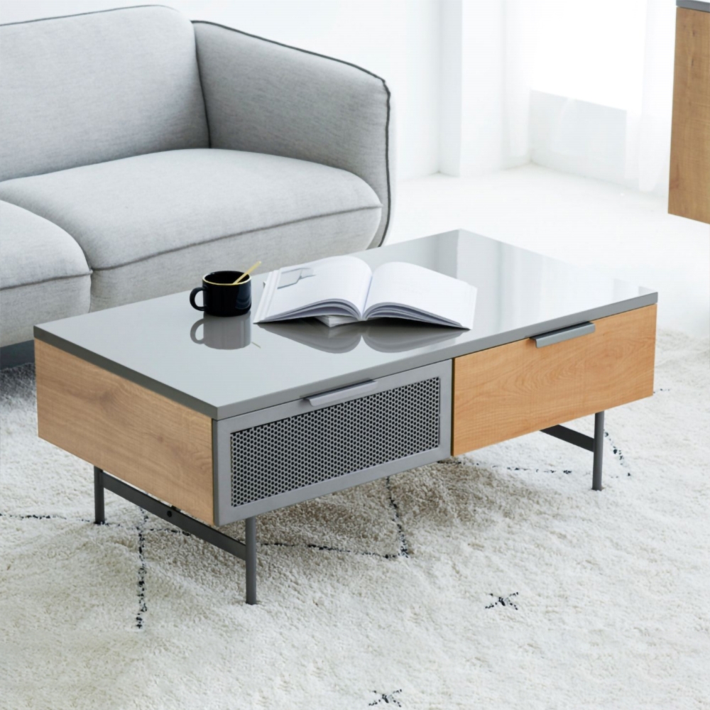 Modern Gray Coffee Table Rectangular Accent Table with 2Drawer Metal Base
