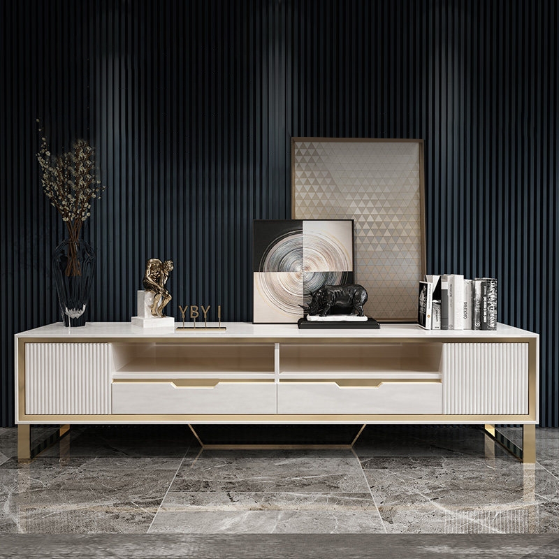 

Modern 79" TV Stand Rectangular TV Stand With Drawers with Doors In White, White & gold