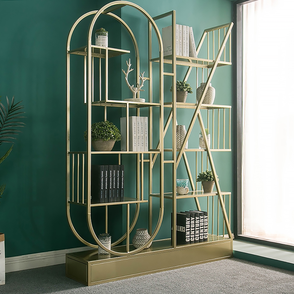 

62" Modern 'OK' Freestanding Etagere Bookshelf in Golden Metal