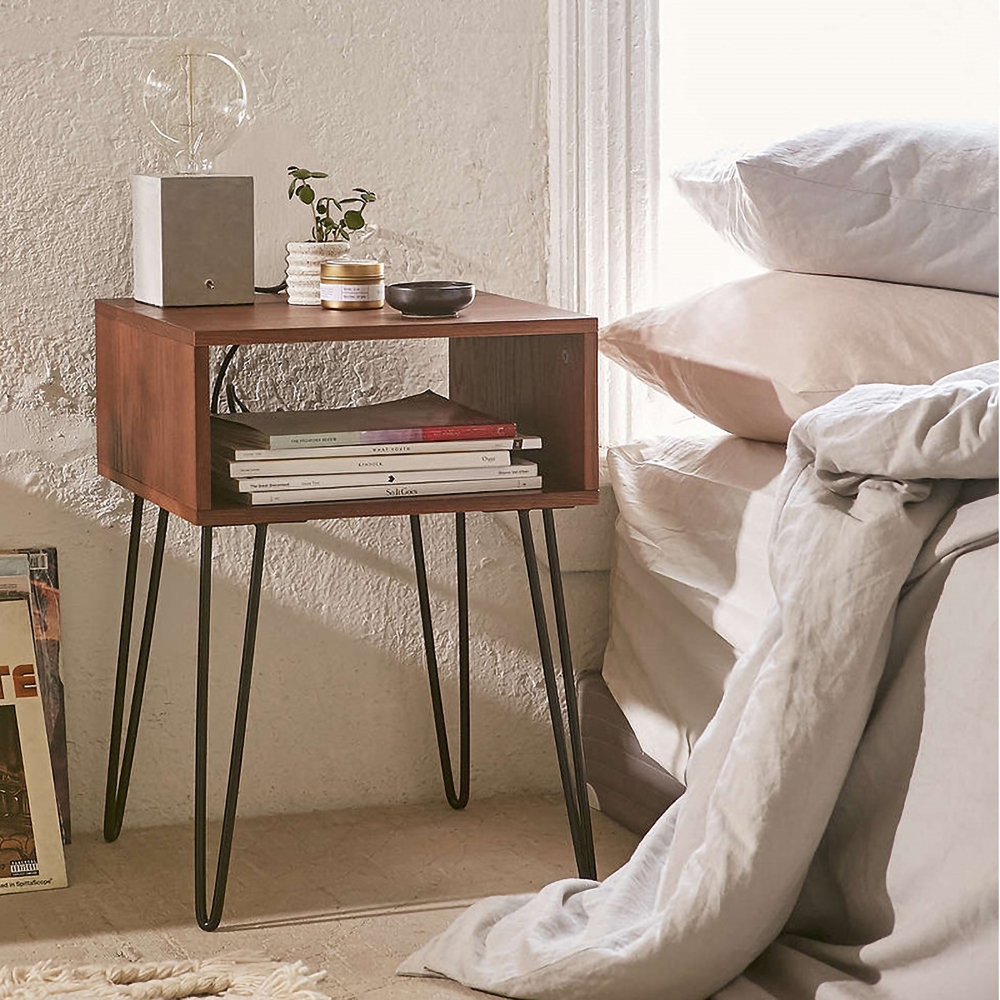 

Vintage Walnut Nightstand Open Shelf Bedside Table in Black Finish