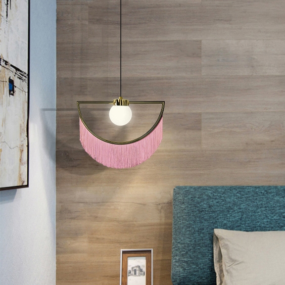 Stylish Dreamy Pink Tassel Half-Moon Gold Pendant Lamp with Globe Shade