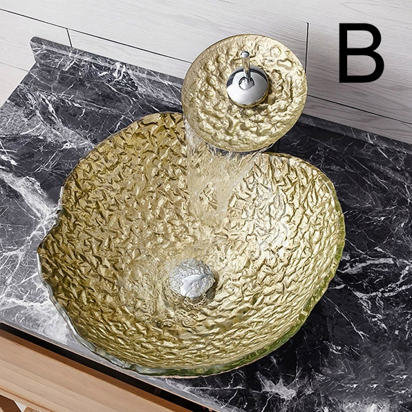Gold Irregular Tempered Glass Counter Top Basin with Waterfall Tap Set