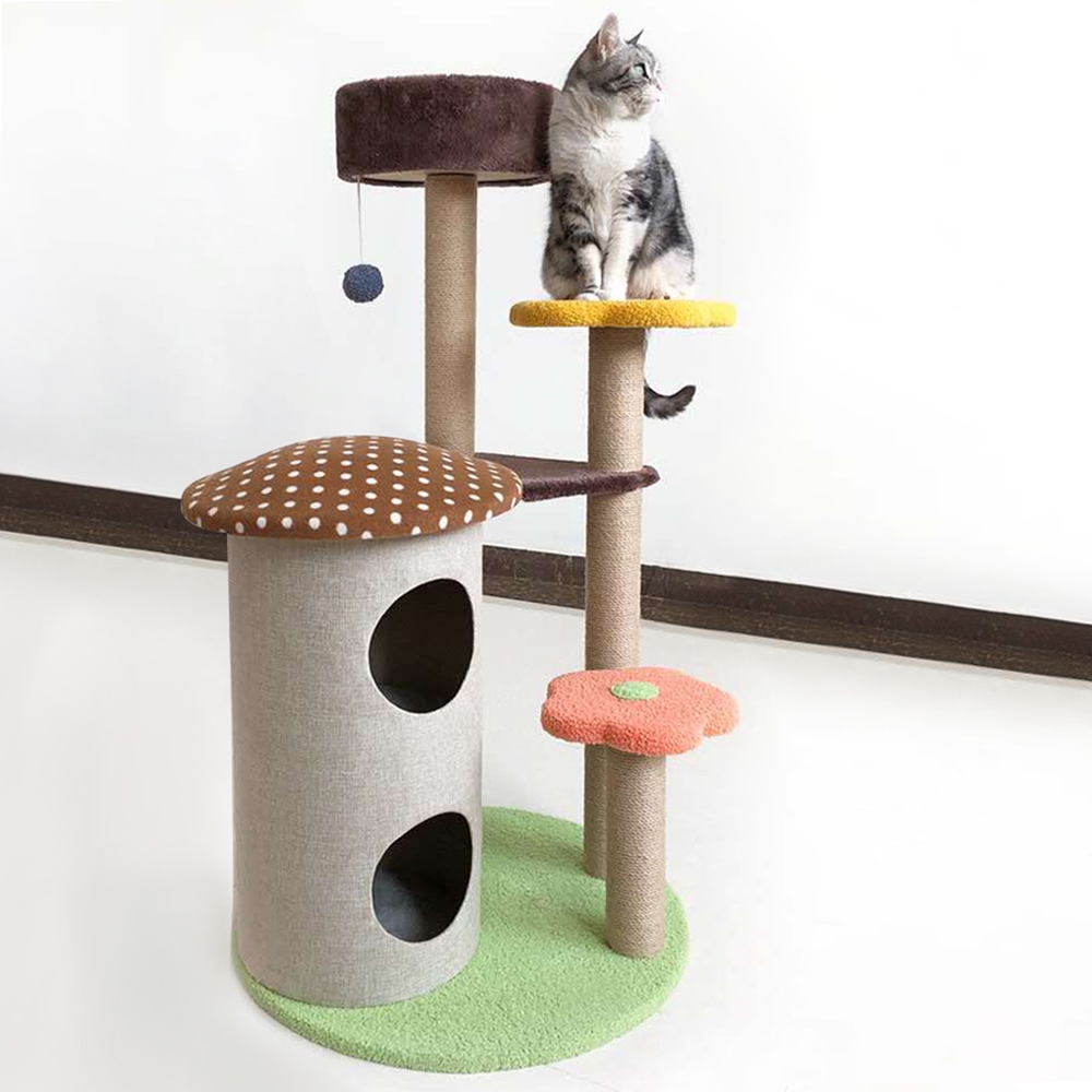 23.6" Mushroom Cat Tree and Condo Faux Fur Perch and Tower with Teasing