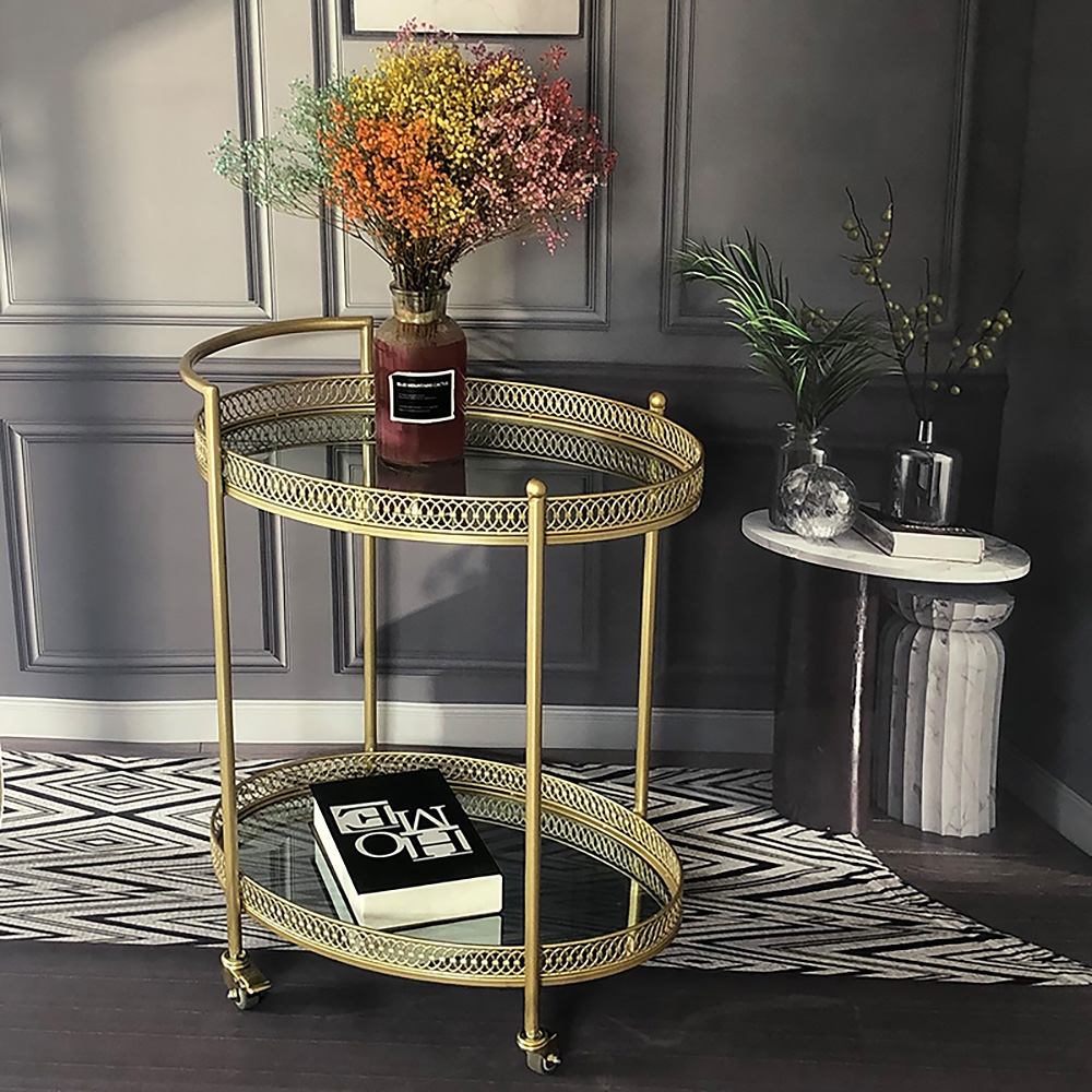 Image of Gold 23.6" 2-Tier Oval Rolling Serving Bar Cart with Handle Mirrored Tempered Glass Shelves