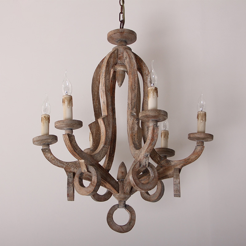 Classic 6-Light Chic Sculpted Wood Chandelier with Candle Shaped