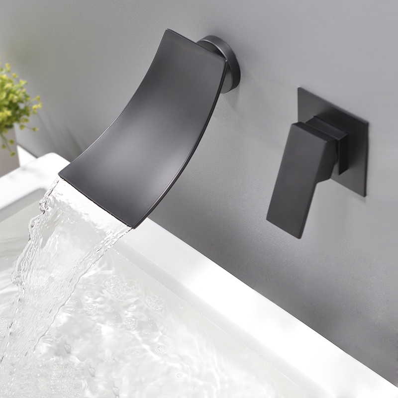 

Modern Design Single Handle Wall Mounted Waterfall Bathroom Sink Faucet in Matte Black Finish