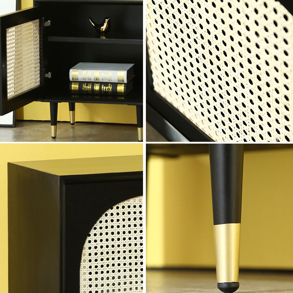 Small Modern Minimalist Wood Nightstand in Black with Rattan Door