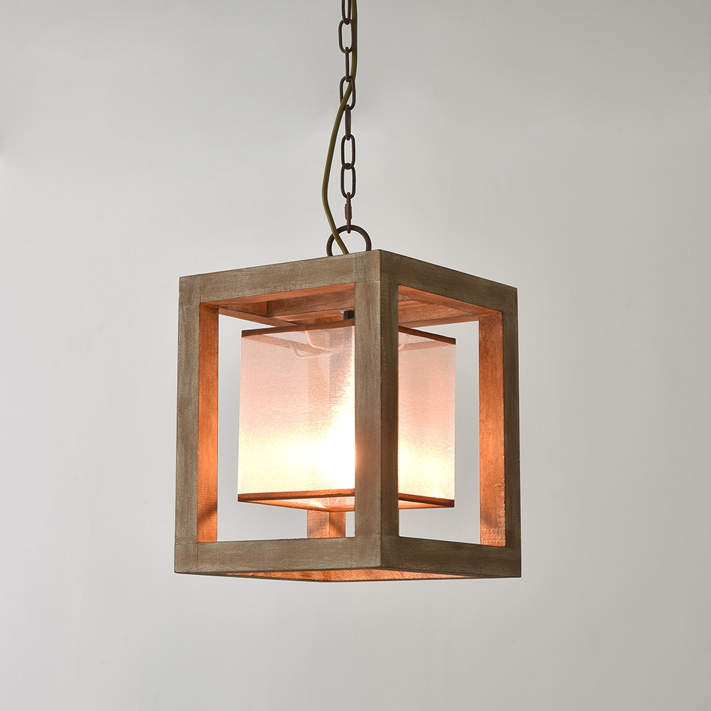 

Farmhouse Style Weathered Wood White Fabric Shade 1-Light Square Lantern Pendant Light