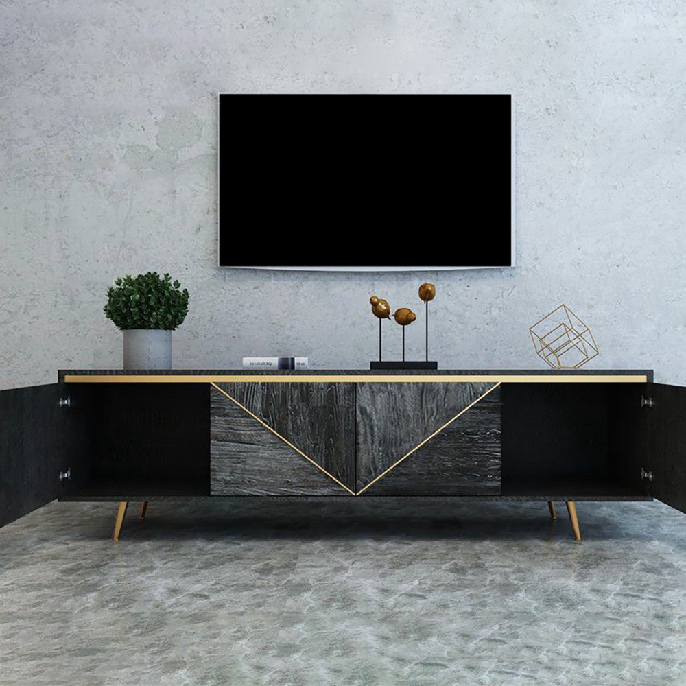 Grey and Gold TV Stand with 4 Doors for TVs up to 75" Mid Century Modern
