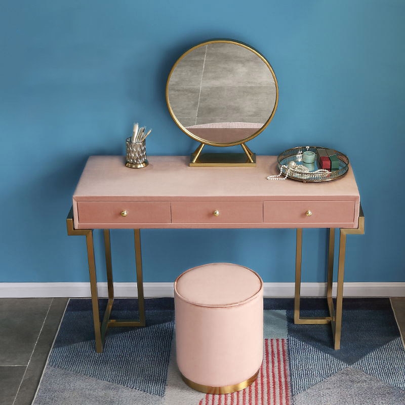 Pink Velvet Upholstered Makeup Vanity Table with Mirror Dressing Table with Stool Small