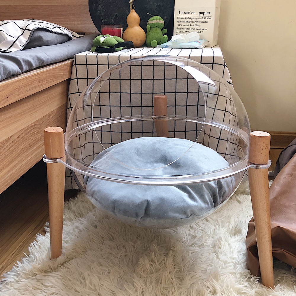 16.5" Space Capsule Cat Bed Transparent Round Cat Nest Tripod Solid Wood