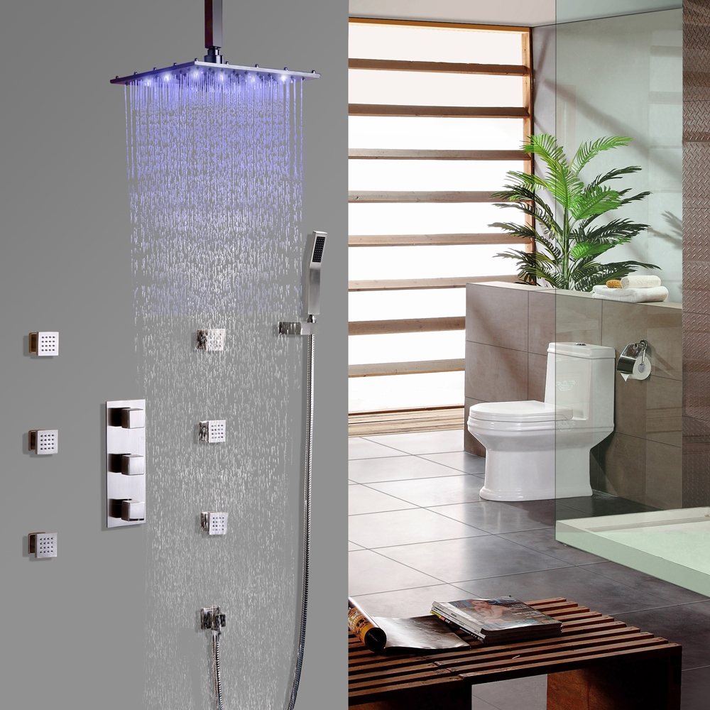 

Modern 16 Inches LED Thermostatic Square Ceiling-Mount Rain Shower Head & 6 Body Sprays & Wall Mounted Hand Shower System Brushed Nickel