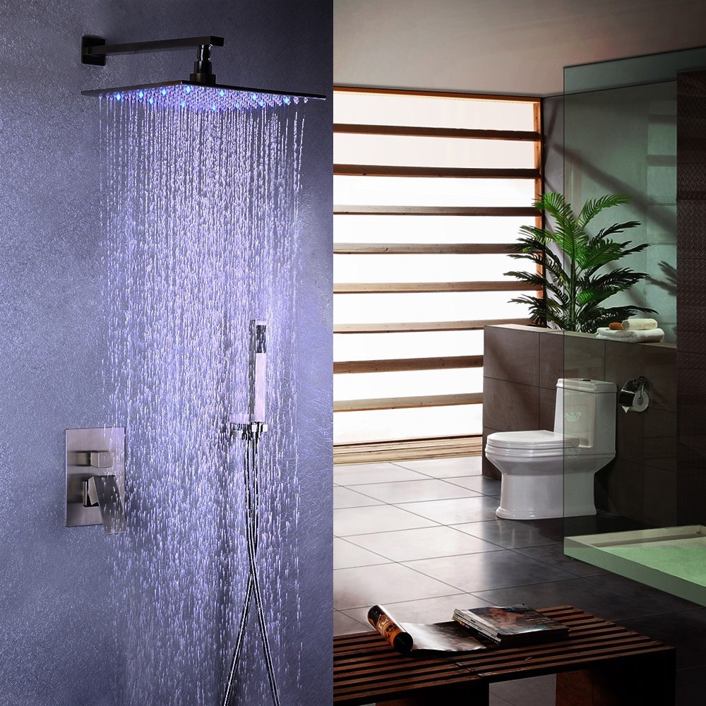 Dree Modern Stainless Steel 10" Wall Mount Led Square Rain Showerhead & Hand Shower System In Brushed Nickel