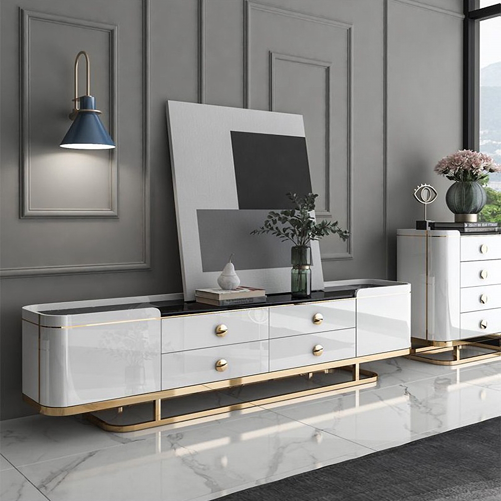 

Modern White TV Stand with 2 Doors & 4 Drawers Tempered Glass Top Media Console in Gold