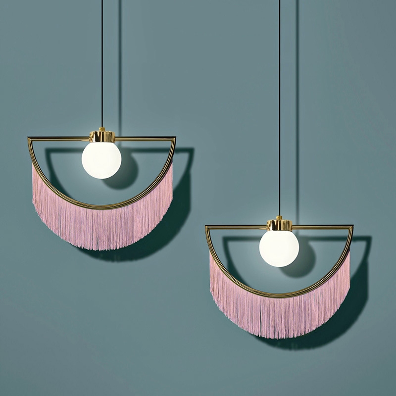 Cressel Stylish Dreamy Pink Tassel Half-Moon Gold Pendant Lamp with Globe Shade