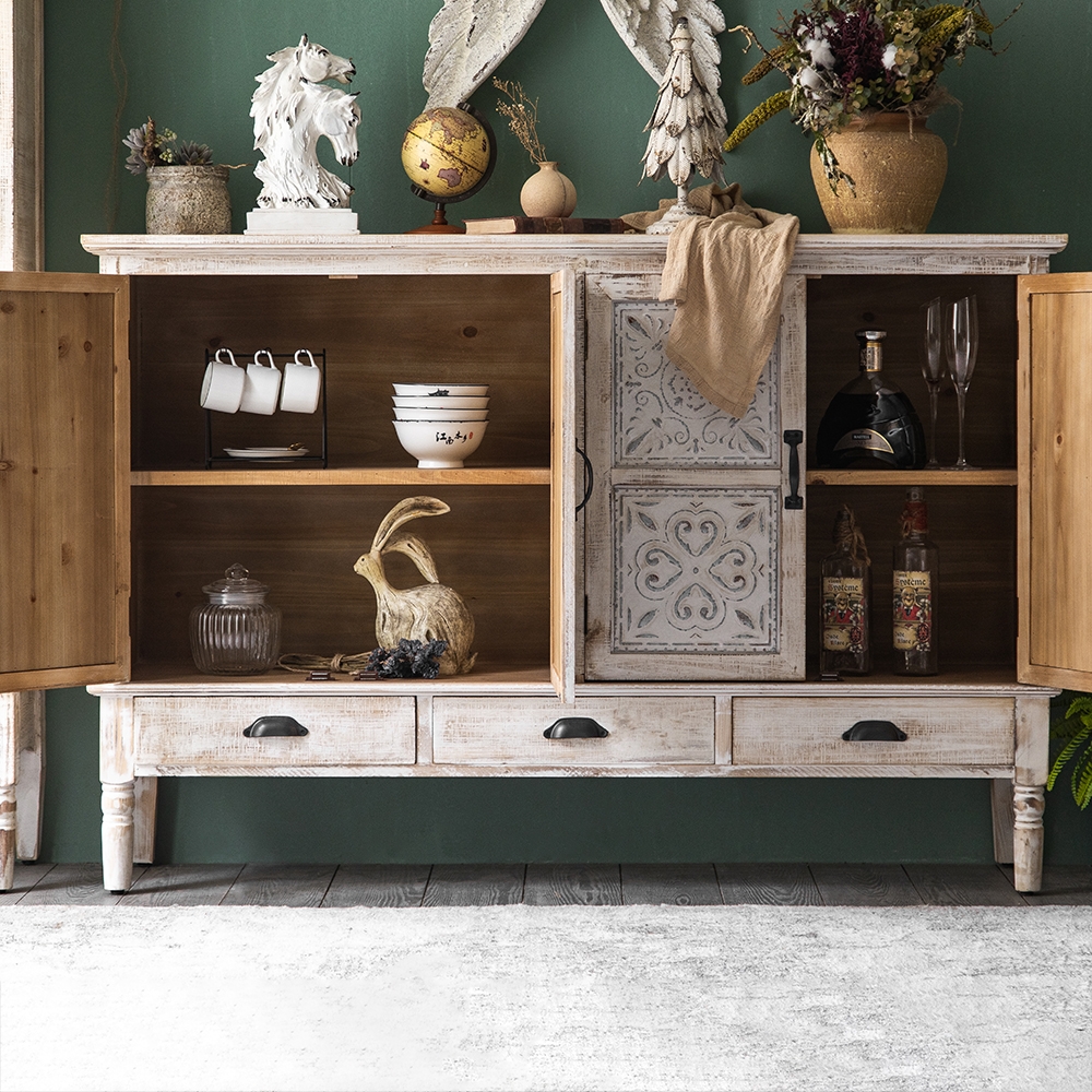 1500mm Farmhouse Distressed White Sideboard Buffet Artistic Surface Drawers Shelves