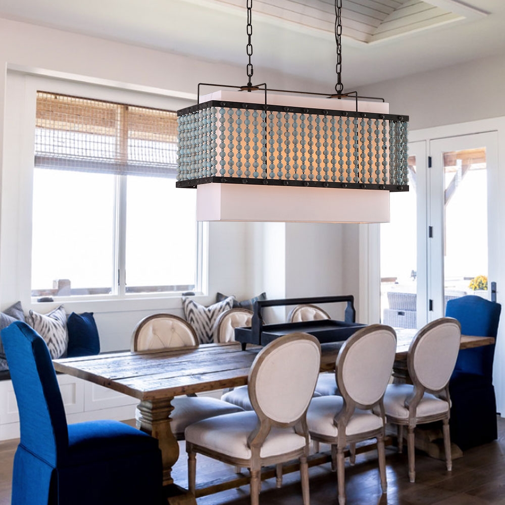 

Malia Vintage Rustic 5-Light Distressed Wood Beads Rectangular Matal Frame Island Pandant Light with Fabric Shade
