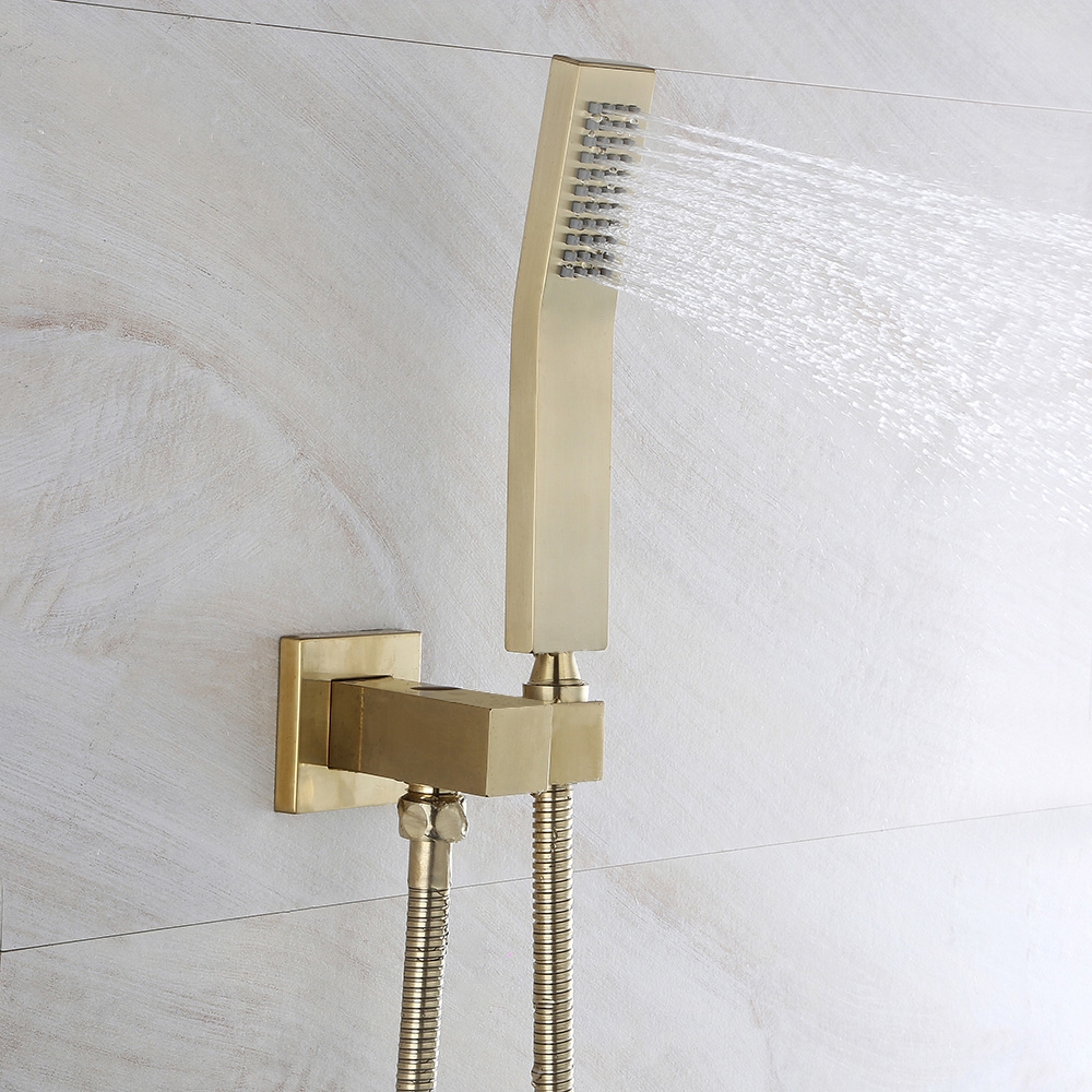 Solid Brass Wall Mount Rainshower Hand Shower & Bath Spout Shower Mixer in Brushed Gold