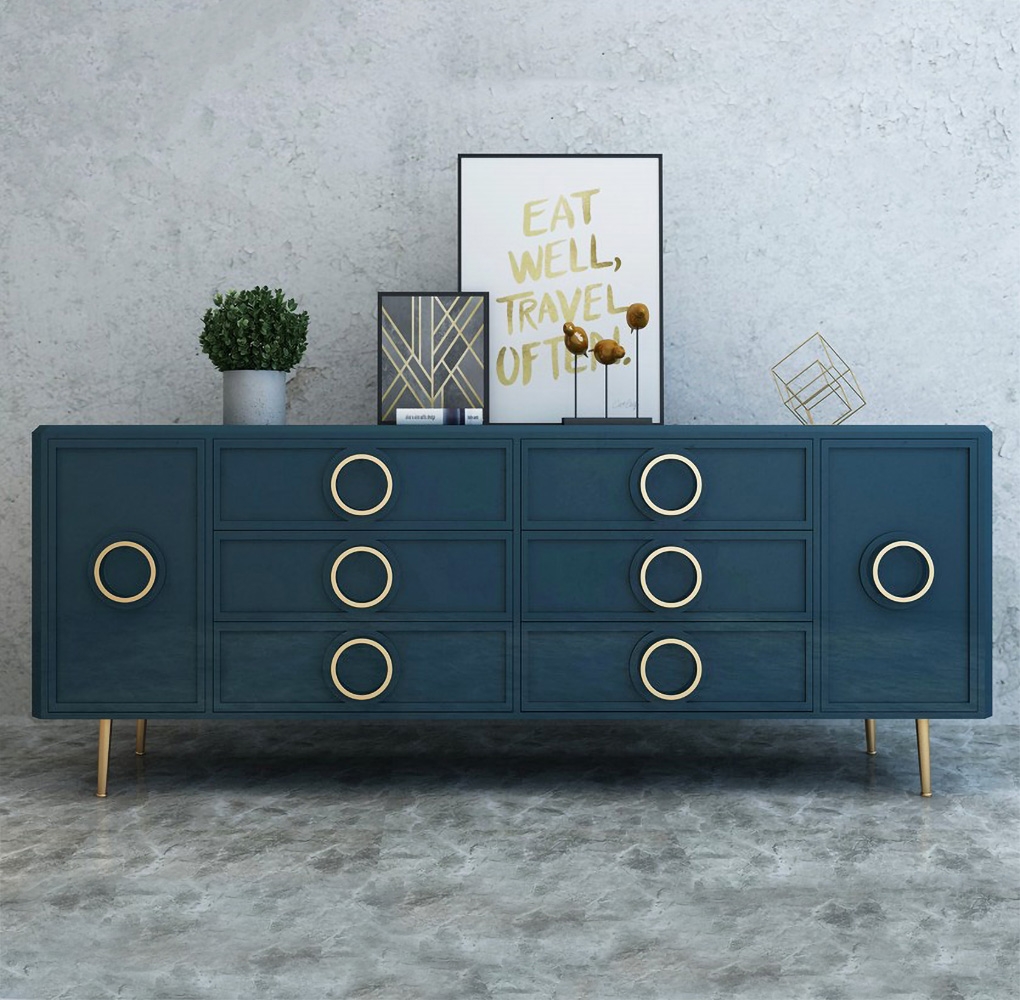 

Blue Sideboard Cabinet Gold Credenza Drawers & 2 Doors 63'' Mid-Century in Large