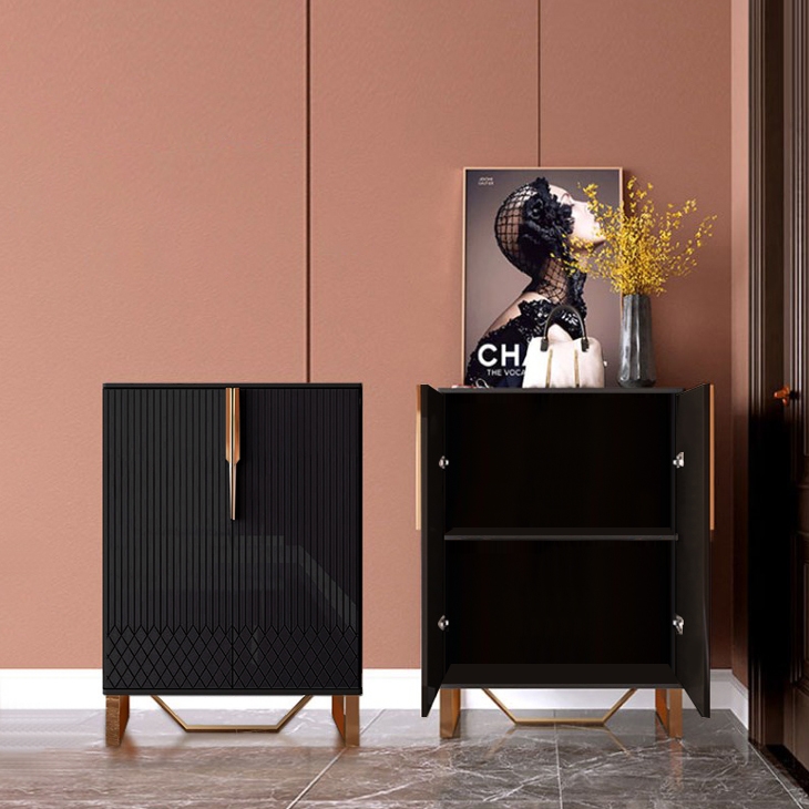 Aro Contemporary Black Chest 2 Doors & Shelf Accent Cabinet with Stainless Steel in Gold