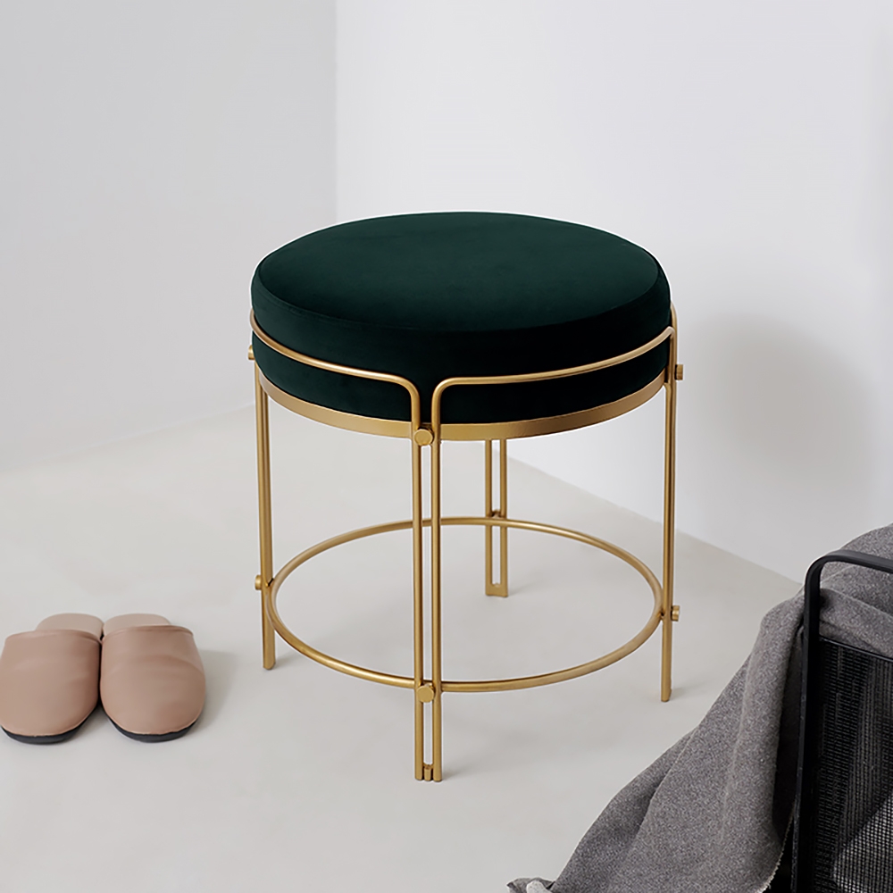 Green Pouf Ottoman Upholstered Velvet Ottoman Footrest in Gold Finish