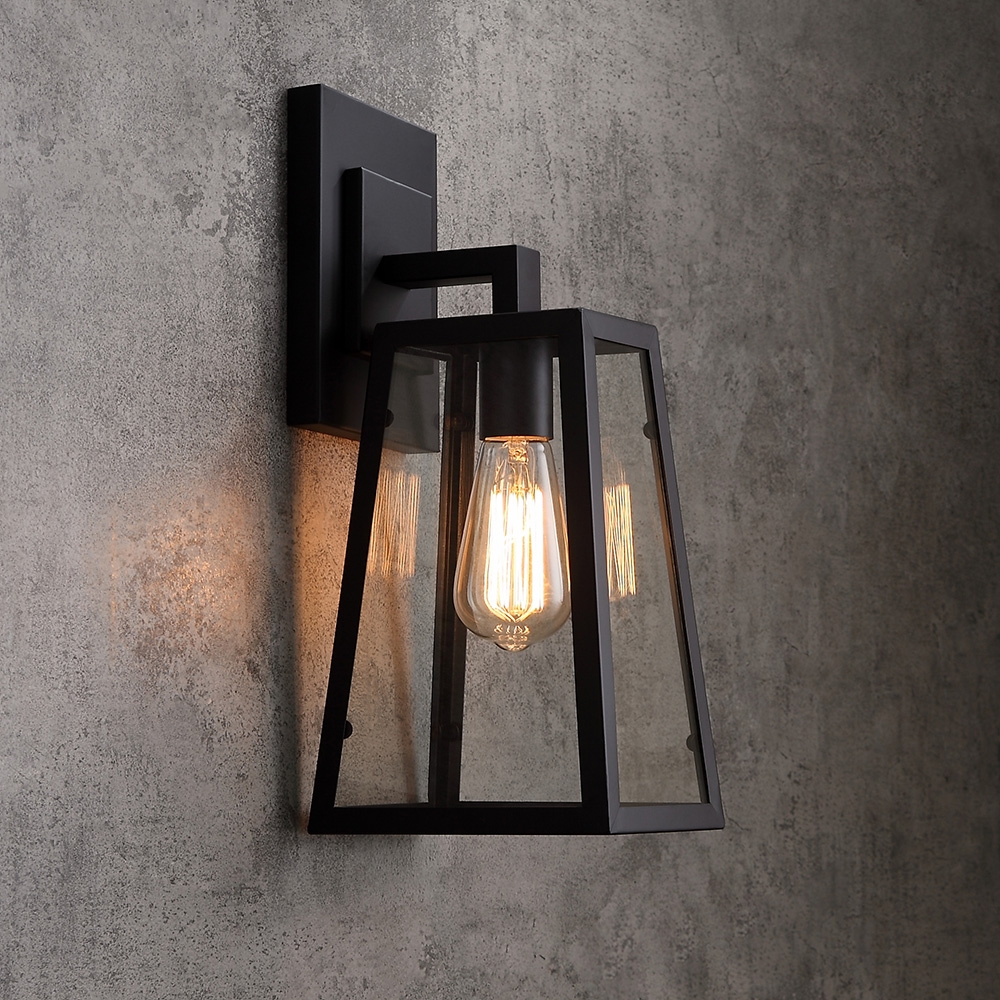 Image of Retro Industrial Antique Matte Black Iron Lantern Outdoor Wall Sconce 1-Light with Clear Glass