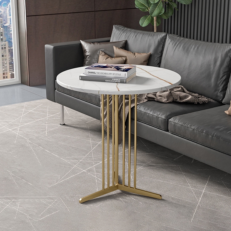 

Modern White Stone End Table Round Side Table Gold Base Accent Table, White&gold