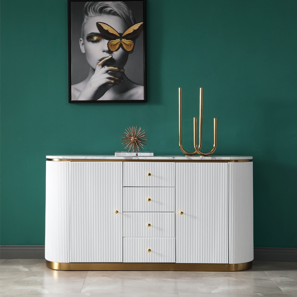 

White Sideboard Buffet Marble Top Modern Sideboard with Drawers & Doors in Gold