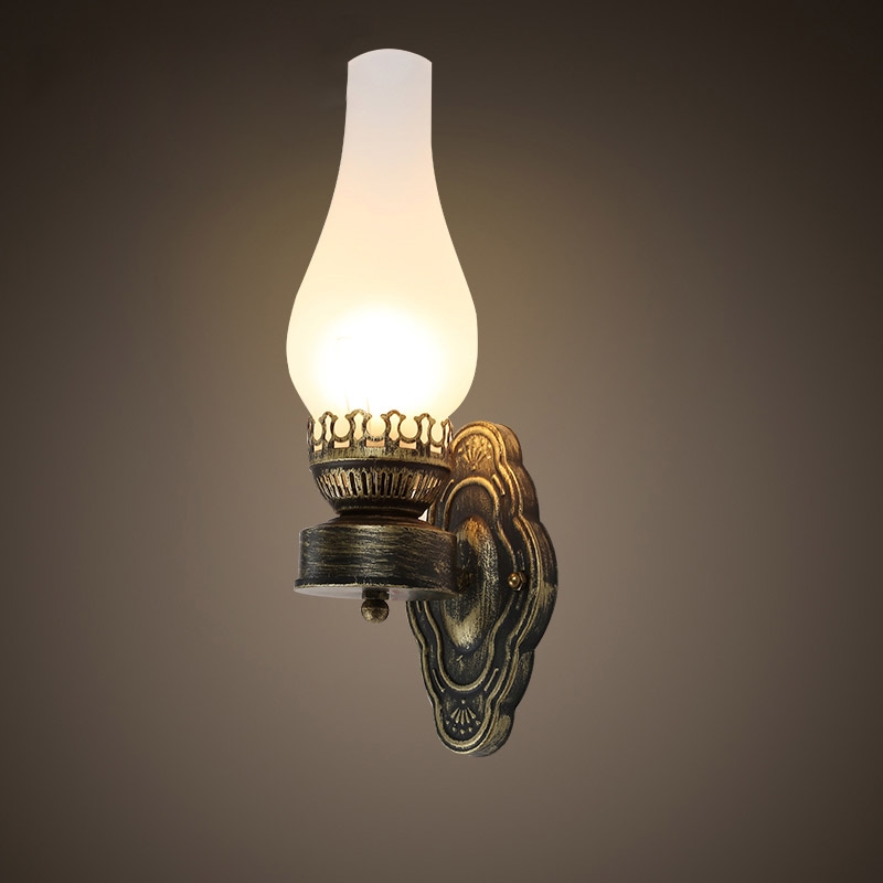 Thea Rustic Nostalgic Antique Brass Kerosene Lamp Metal Wall Light Fixture 1-Light with Glass Shade