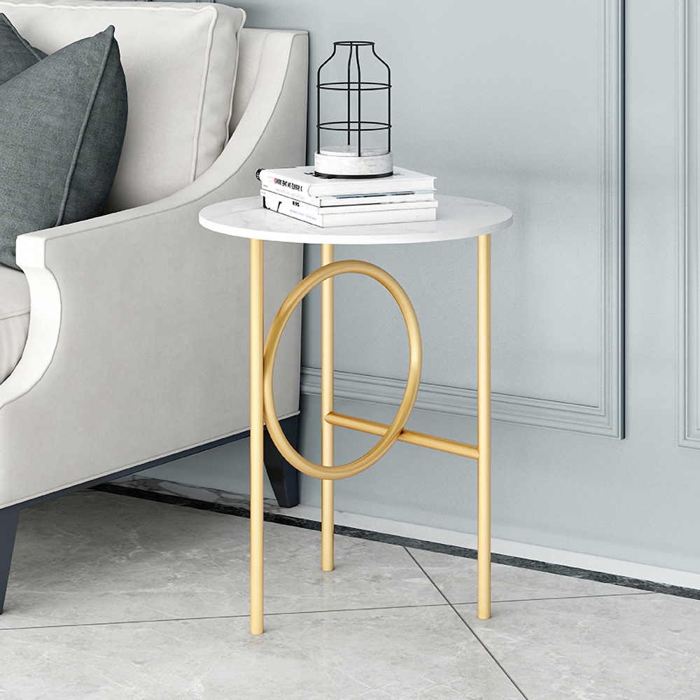 

White Modern Round Side Table Marble Tabletop End Table Metal