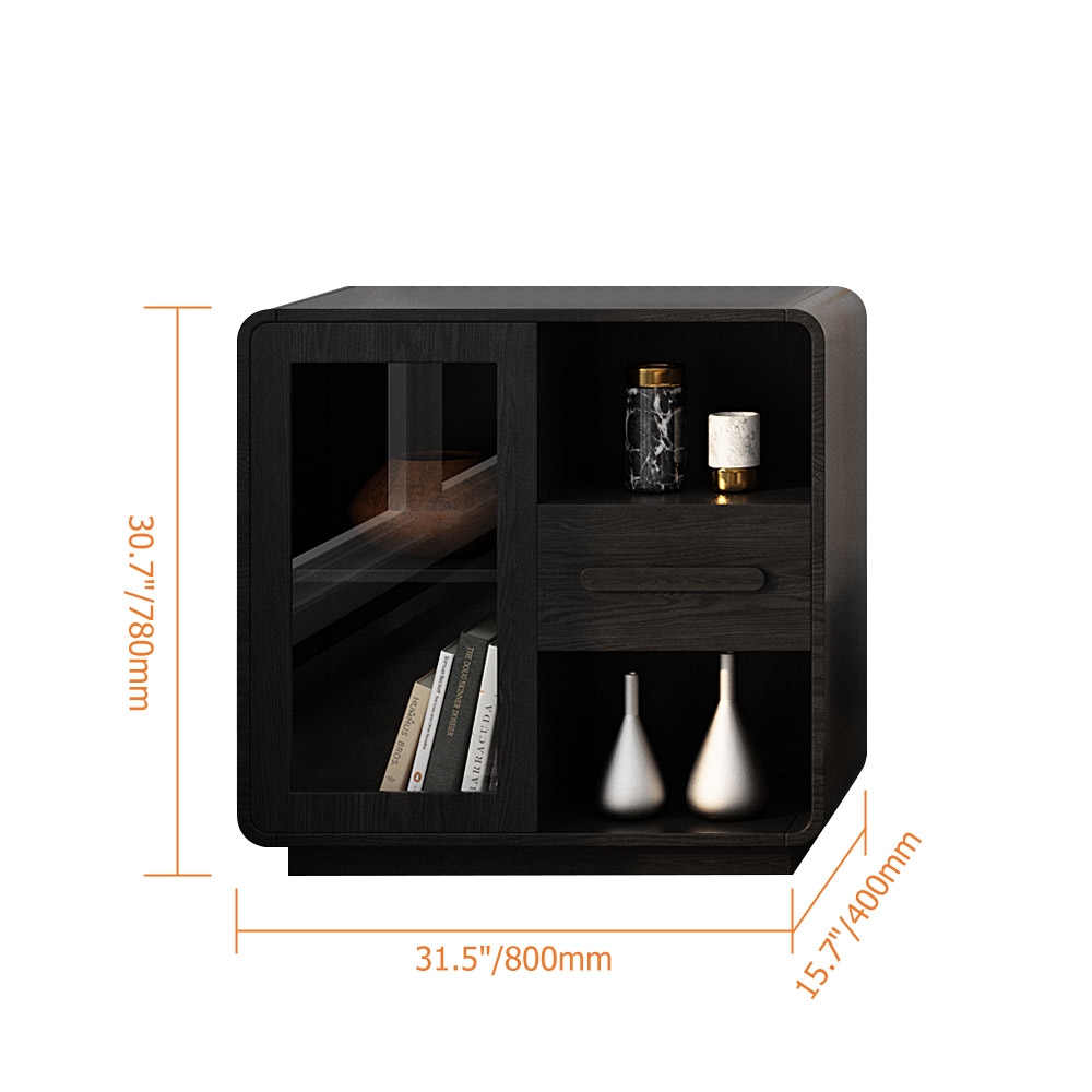 Modern Black Storage Cabinet with Door & Drawer Solid Wood