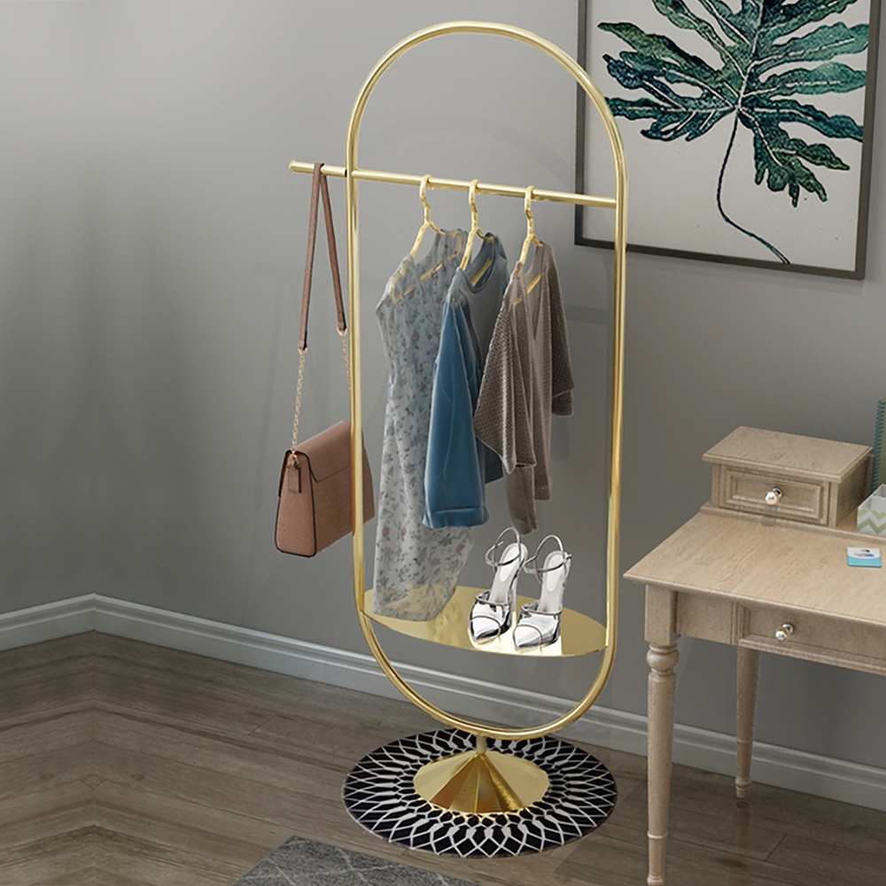 Gold Clothing Rack With Shelf And Hanging Oval Shape
