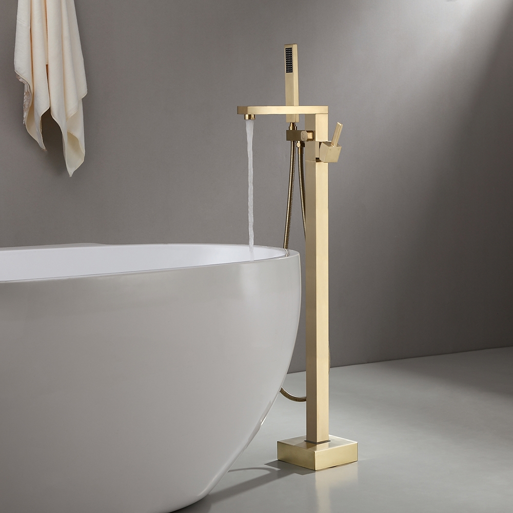 Dree Brushed Gold Freestanding Bath Filler Floor Mount Bath Tap with Hand Shower
