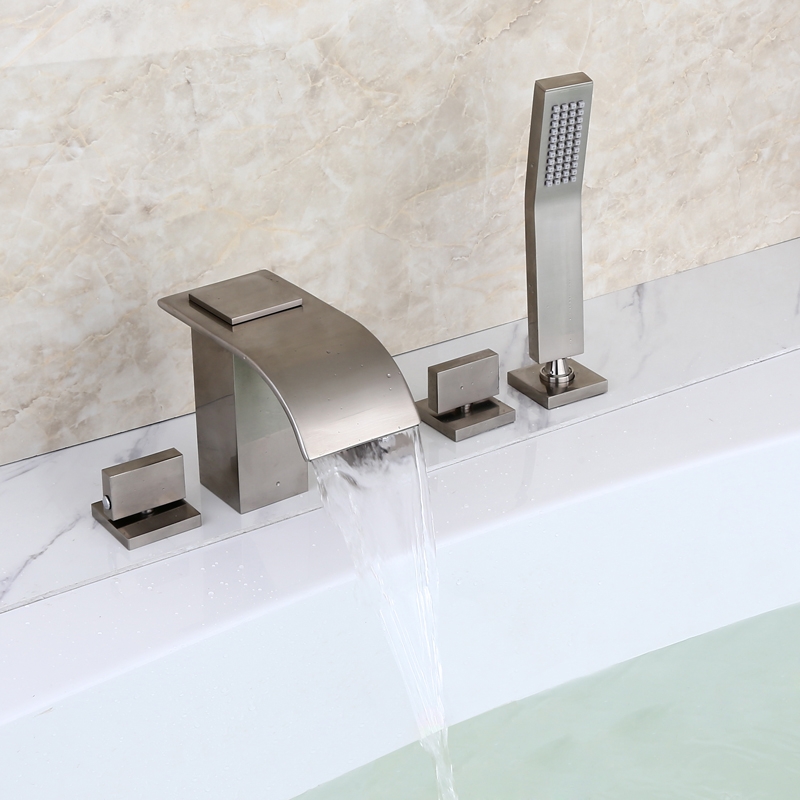 

Milly Brushed Nickel Widespread Waterfall Roman Tub Filler Faucet with Handheld Shower