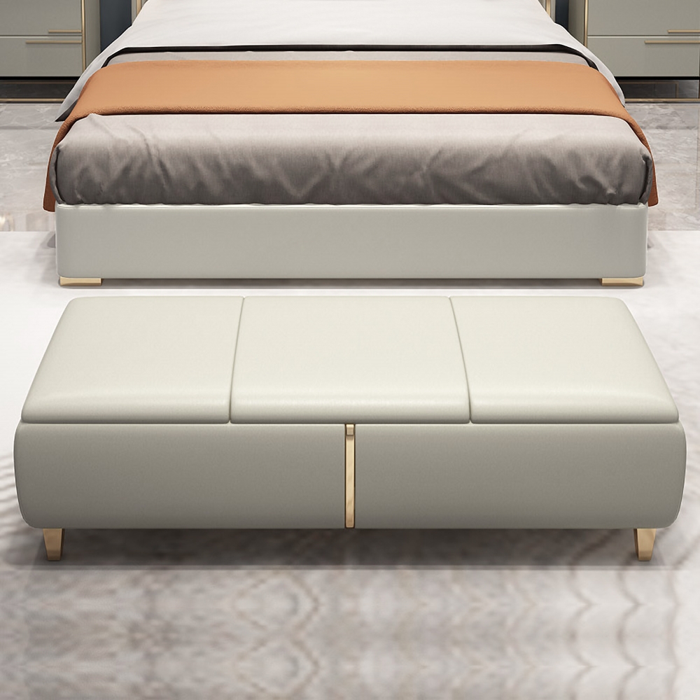 Modern Entryway Bench Beige Faux Leather Upholstered Ottoman Bench for