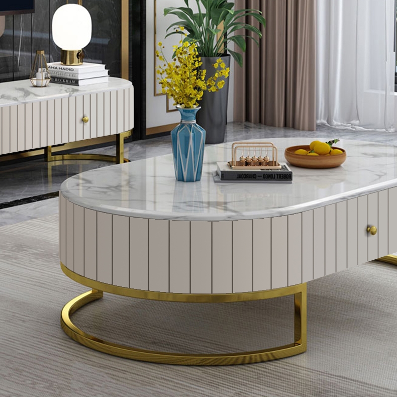 1210mm Modern Oval Faux Marble Top Coffee Table with 2 Drawers Gold Metal Base in White