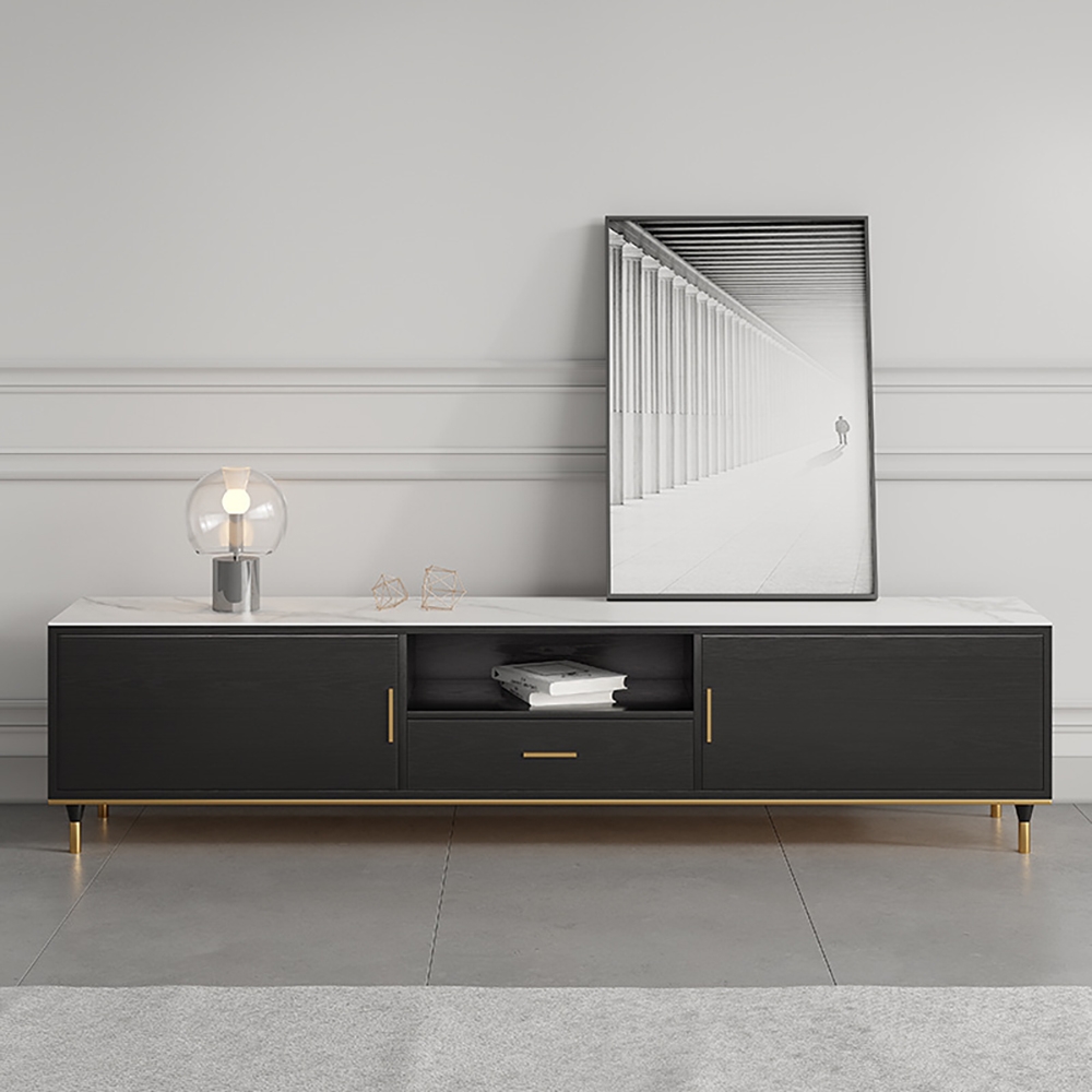 

78" Modern Black TV Stand White Stone Top with Doors & Drawer in Large
