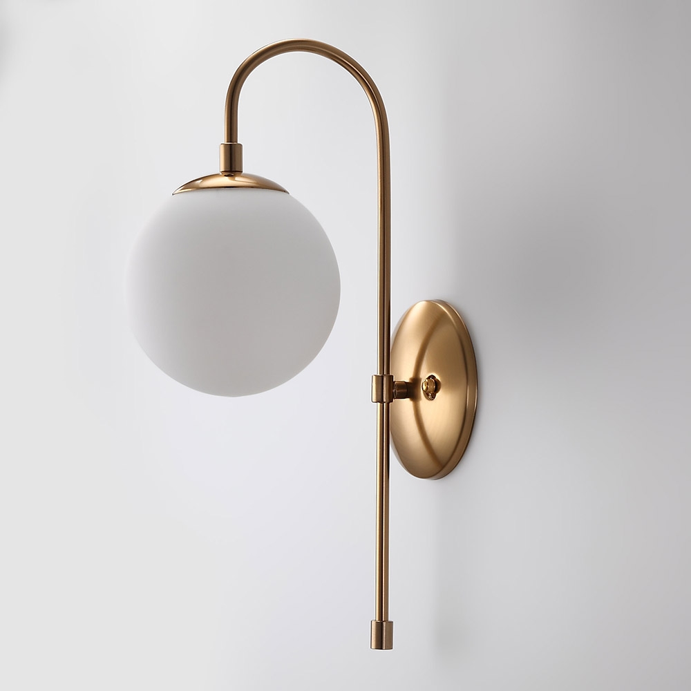 Minimalist Metal Curved Arm Aged Brass Single-Light Indoor Sconce with ...