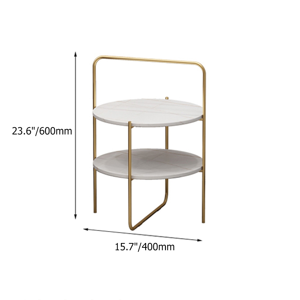 White Round Side Table Sintered Stone Top with Shelves End Table Metal