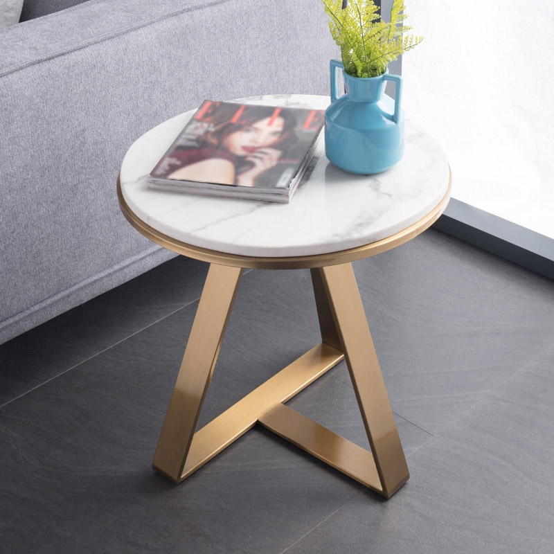 Round End Table Small Side Table For Living Room Faux Marble Top & Stainless Steel Base