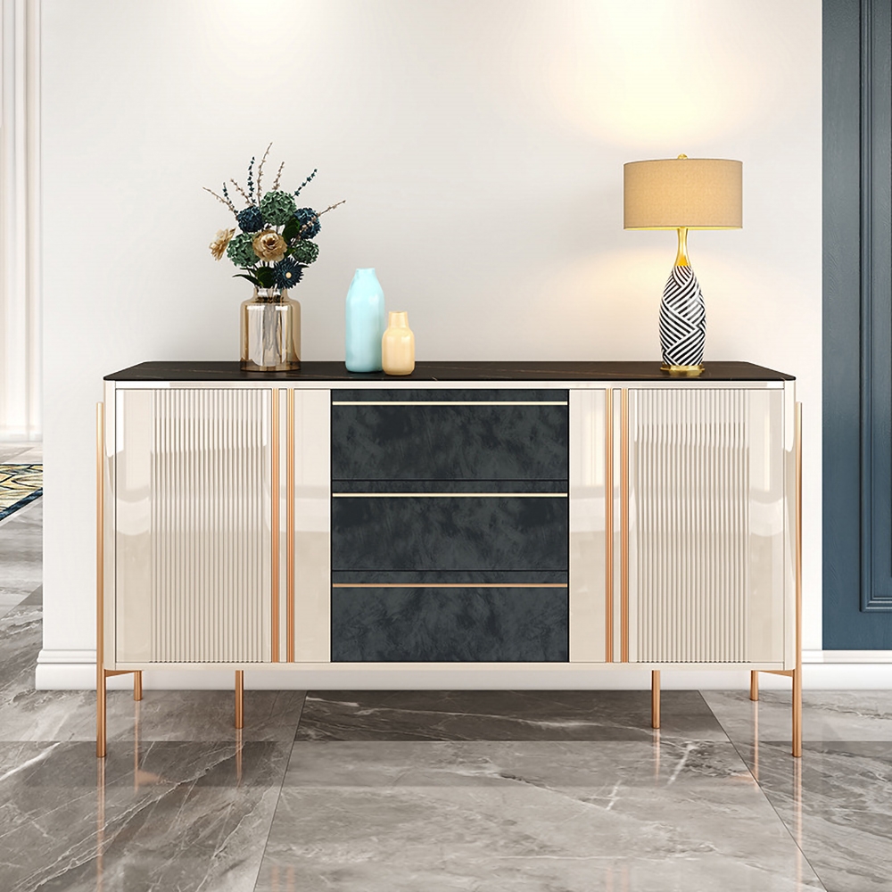 Contemporary White&Black Sideboard Buffet 3 Velvet Upholstery Drawers ...