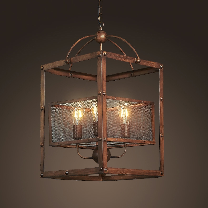

Industrial Metal Rectangular 4-Light Mesh Shade Rustic Lantern Kitchen Foyer Pendant Light in Dark Brown