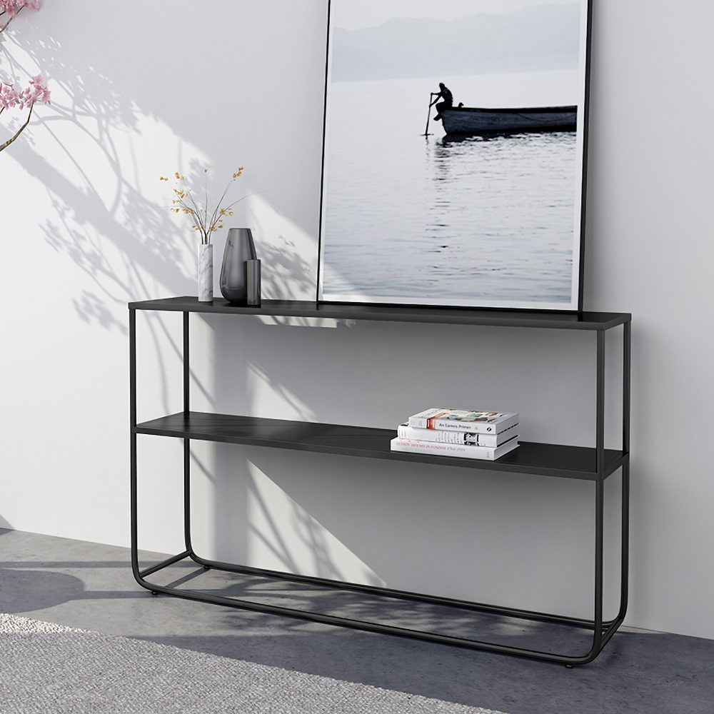 Modern Narrow Metal Console Table with Shelf in Black