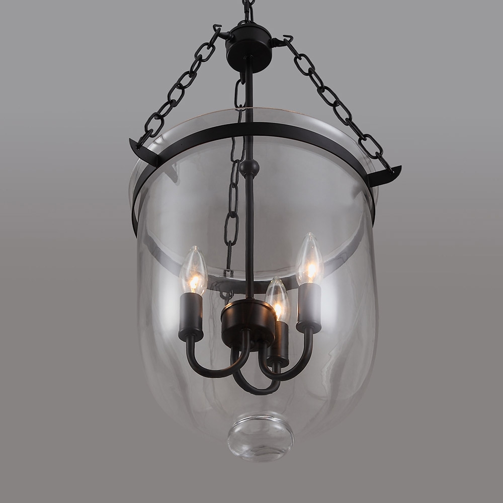 Retro Rustic Clear Glass Bell Jar Large Pendant Light with 3 Candle Lights