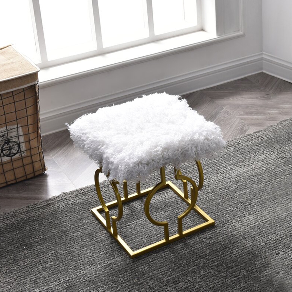 

White Square Makeup Vanity Stool Woolen Blanket Upholstered Ottoman Stool Gold Base