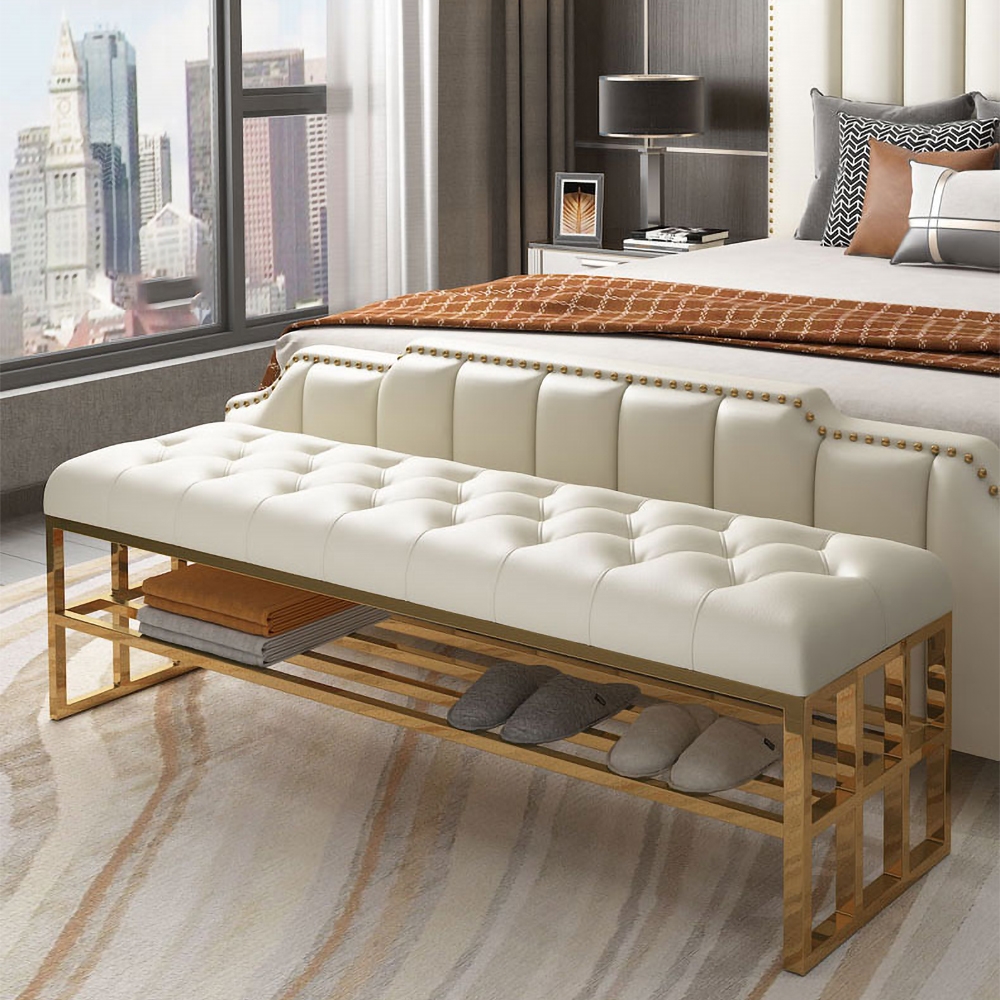 

Modern Storage Entryway Bench Beige Faux Leather Upholstered Ottoman Bench for End of Bed