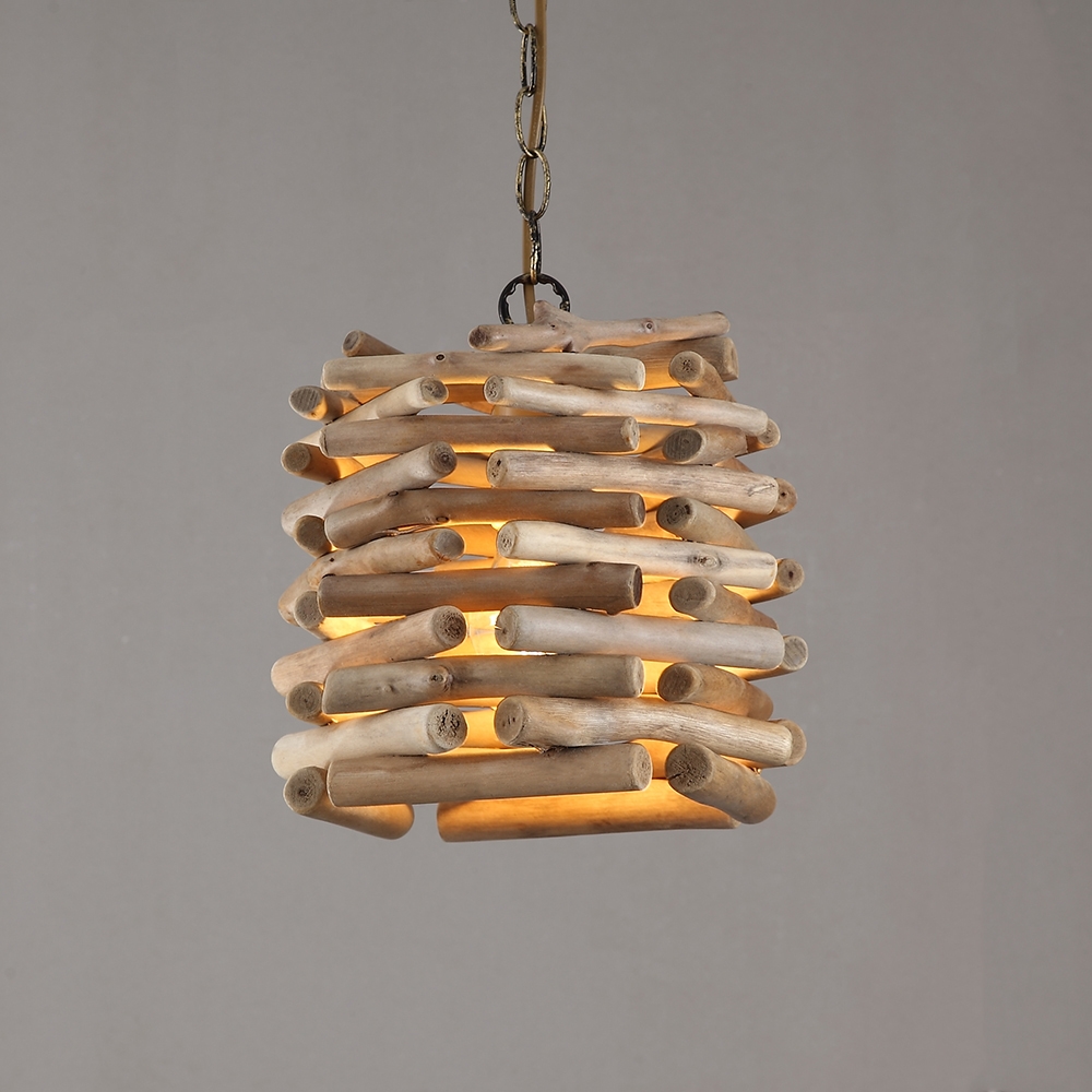 Rustic Cottage Oak Driftwood Cage Lantern Pendant Lighting 1-Light Ceiling Light in Antique Brass